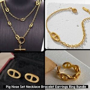 Gold Pig Nose Necklace, Bracelet, Ring, Earrings Set Gold Plated